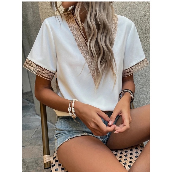 White Tan Neutral Contrast Lace Short Sleeve Blouse Small - Picture 7 of 12